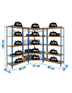 Estantería MADERCLICK Corner 5/500 + 2 MADER 5/500 A/N/M 1800x1800x500 | Estantería sin tornillos con baldas de madera SimonRack 2