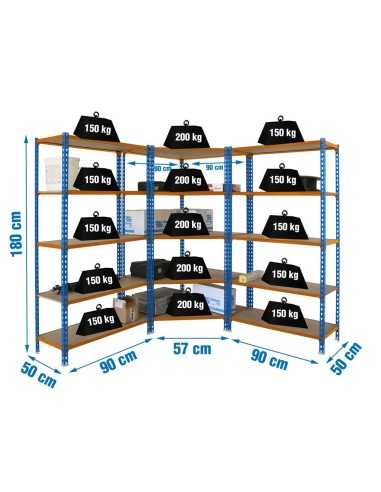 Estantería MADERCLICK Corner 5/500 + 2 MADER 5/500 A/N/M 1800x1800x500 | Estantería sin tornillos con baldas de madera SimonRack