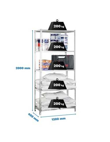 Estantería SIMONCLICK MaderClick MEGAPlus 5/400 blanco/madera 2000x1200x400 | Estantería sin tornillos con baldas de madera Simo