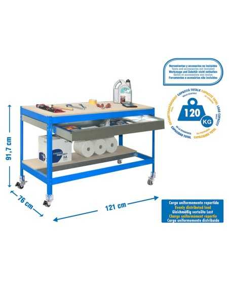 Mesa de Trabajo SIMONWORK MOBILE BT0 BOX 1500 Azul/Madera 917x1510x760 | Mesa de trabajo SimonRack profesional y resistente