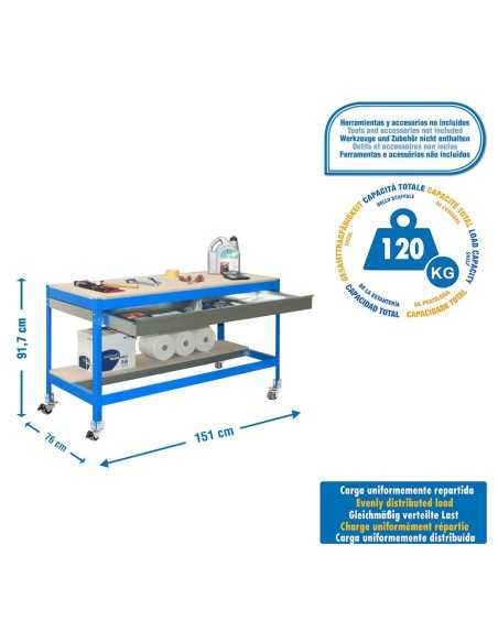 Mesa de Trabajo SIMONWORK MOBILE BT0 BOX 900 Azul/Madera 917x910x610 | Mesa de trabajo SimonRack profesional y resistente