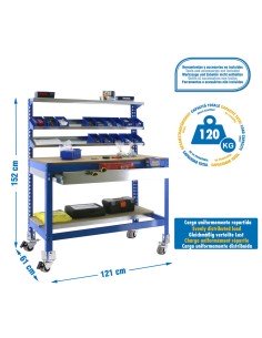 Mesa de Trabajo SIMONWORK MOBILE BT1 BOX 1500 Azul/Madera 1520x1510x760 | Mesa de trabajo SimonRack profesional y resistente