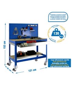 Mesa de Trabajo SIMONWORK MOBILE BT2 BOX 1500 Azul/Madera 1520x1510x610 | Mesa de trabajo SimonRack profesional y resistente