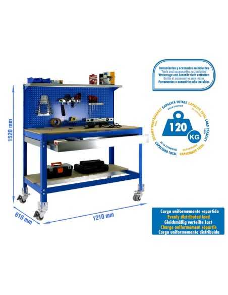 Mesa de Trabajo SIMONWORK MOBILE BT3 BOX 1500 Azul/Madera 1520x1510x610 | Mesa de trabajo SimonRack profesional y resistente