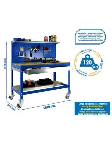Mesa de Trabajo SIMONWORK BT4 BOX 1200 Azul/Madera 1445x1210x760 | Mesa de trabajo SimonRack profesional y resistente