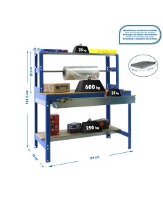 Mesa de Trabajo SIMONWORK BT4 BOX 1500 Azul/Madera 1445x1510x760 | Mesa de trabajo SimonRack profesional y resistente