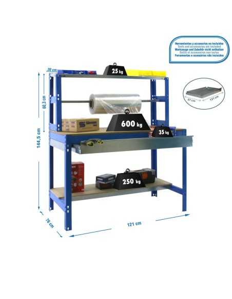 Mesa de Trabajo SIMONWORK BT4 BOX 1500 Azul/Madera 1445x1510x760 | Mesa de trabajo SimonRack profesional y resistente