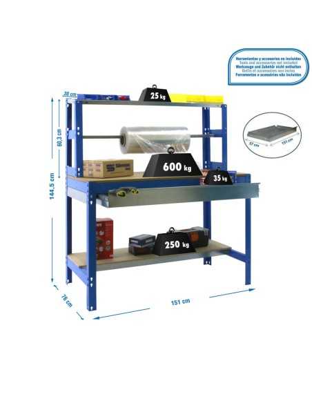 Mesa de Trabajo SIMONWORK MOBILE BT4 BOX 1200 Azul/Madera 1520x1210x760 | Mesa de trabajo SimonRack profesional y resistente