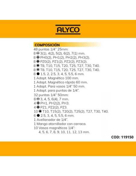 Jgo de Destornillador con Carraca, Puntas de Atornillado ALYCO 119150